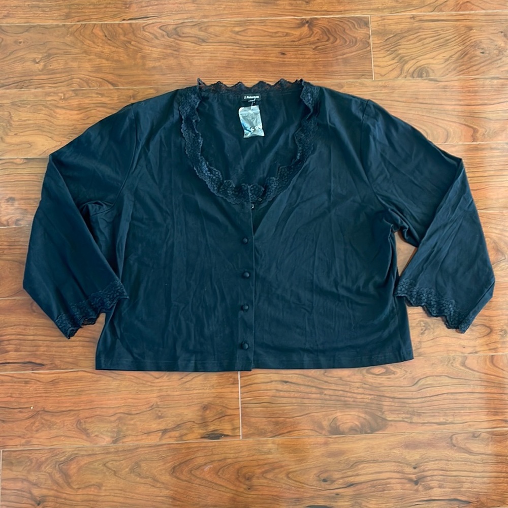 NWOT J. Peterman Black Lace Trim Three Quarter Length Sleeve Button Up Cardigan